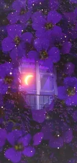 Purple floral wallpaper with moonlit window.