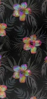 Colorful hibiscus and leaves pattern on a dark background.