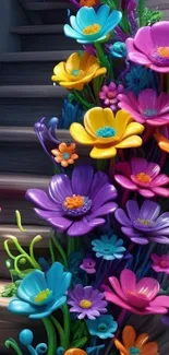 Colorful flowers adorning a staircase in vibrant design.