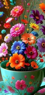 Vivid flowers in a tea cup arrangement, colorful and artistic.