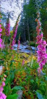 Rich greenery and pink flowers by a serene forest stream.