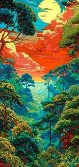Vibrant sunset over a lush green forest with tall trees.