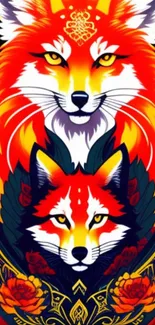 Artistic wallpaper featuring vivid foxes with intricate patterns and bold colors.