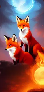 Two foxes in a fantasy setting with vibrant orbs and colorful sky.