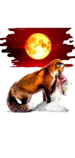 Artistic fox under a vibrant red moon.