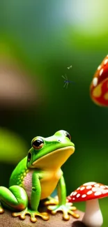 Green frog surrounded by mushrooms in a vibrant natural scene.