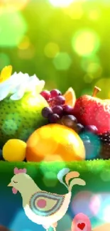 Colorful fruit bowl with a bird.