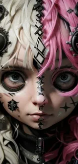 Dual-tone anime face with pink highlights