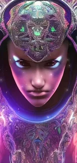 Futuristic face with neon purple hues.