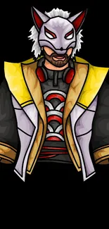 Futuristic masked character on black background with yellow and red accents.