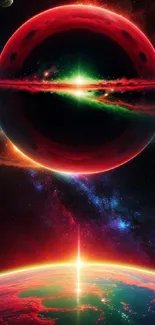 Colorful cosmic scene with planets and stars in a red-dominant space theme.