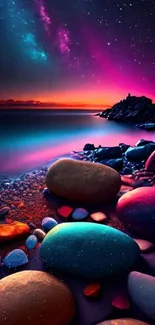 Vivid galaxy beach with colorful pebbles at night.