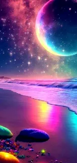 Vivid wallpaper of a colorful beach under a galaxy sky, featuring a glowing moon.