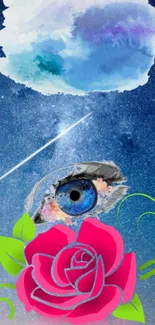 Cosmic-themed wallpaper with an eye, rose, and galaxy background.