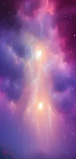 Vivid galaxy mobile wallpaper with purple, blue, and pink hues.