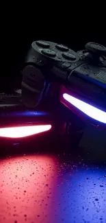 Two gaming controllers with neon lights on a dark background.