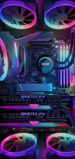 Vibrant neon-lit gaming PC components wallpaper.