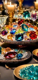 Colorful gemstone display under candlelight on a table setting.