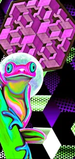 Vibrant neon frog with geometric background design.