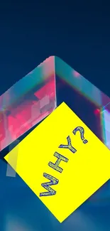 Vivid abstract wallpaper with neon cube and yellow note.