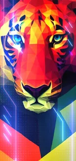 Colorful geometric tiger with bold hues and artistic design.