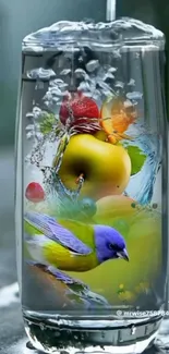 Colorful fruits and bird in glass with water splash effect.