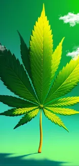 Bright green cannabis leaf art on gradient green background.