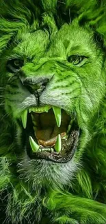 Vivid green lion roaring with detailed mane.