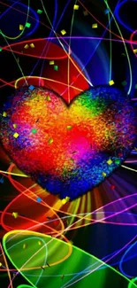 Colorful neon heart design with vibrant swirls and lines on a black background.