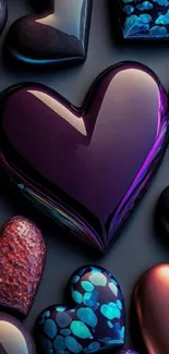 Colorful glossy hearts pattern on dark background.