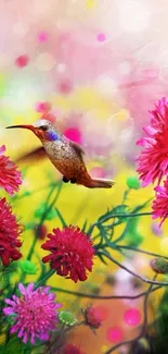 Vivid wallpaper with a hummingbird and pink flowers in a colorful setting.