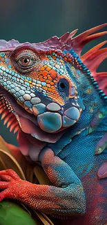 Vivid, colorful iguana artwork on a mobile wallpaper.