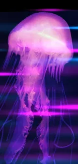 Neon purple jellyfish glowing in dark waters.