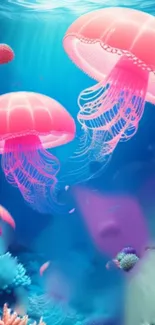 Colorful jellyfish swimming in a vibrant blue ocean scene.