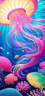 Colorful underwater jellyfish and coral wallpaper for mobile devices.