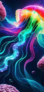 Neon jellyfish with vibrant tentacles in a Galaxy-like underwater setting.