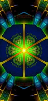 Vivid kaleidoscope wallpaper with green, blue, and yellow abstract patterns.