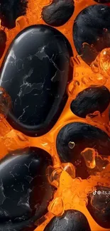 Black stones in vibrant orange lava design wallpaper.