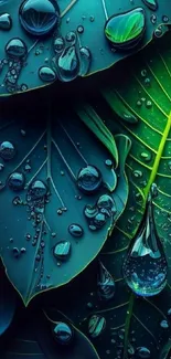 Lush green leaves with water droplets in a vivid mobile wallpaper.