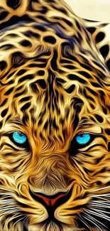 Vivid leopard with blue eyes and golden fur art wallpaper.