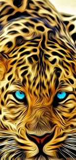 Vibrant leopard with blue eyes in artistic mobile wallpaper.