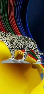 Vivid leopard with rainbow stripes on a yellow background.