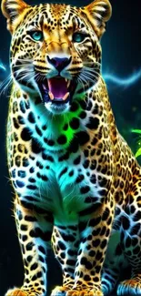 Vivid neon leopard in a jungle with vibrant colors and lush greenery.