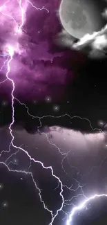 Vivid lightning and moonlit night sky wallpaper with purple clouds.