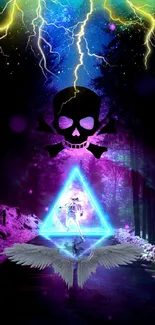 Vivid wallpaper with lightning, skull, and neon triangle in a dark forest.