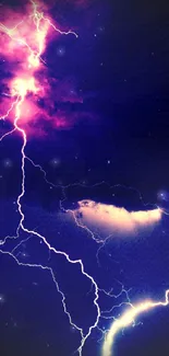 Vivid lightning storm in dark purple sky for mobile wallpaper.