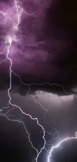 Vivid lightning storm with purple and white bolts in a cloudy dark sky.