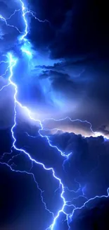 Blue lightning storm wallpaper with dark sky and dramatic clouds.