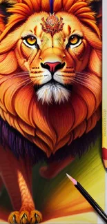 Vivid lion artwork with pencils for a colorful mobile wallpaper.