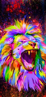 Vivid multicolor lion artwork on a mobile wallpaper.